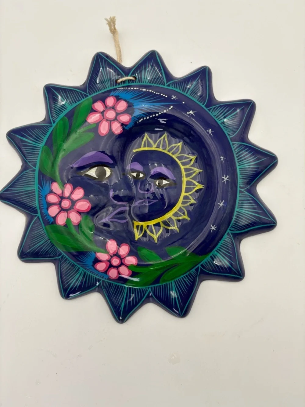 Hand-Painted Terracotta Sun & Moon Wall Plaque - Deep Blue with Pink Flowers